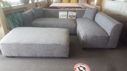 Brand new 99" x 61" grey linen sectional + ottoman