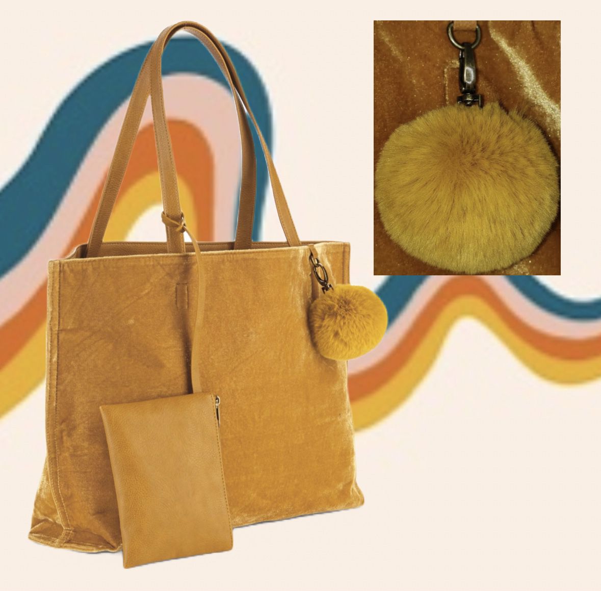 OK Crushed Velvet Bag Wristlet Pom Mustard Yellow NWOT 20”