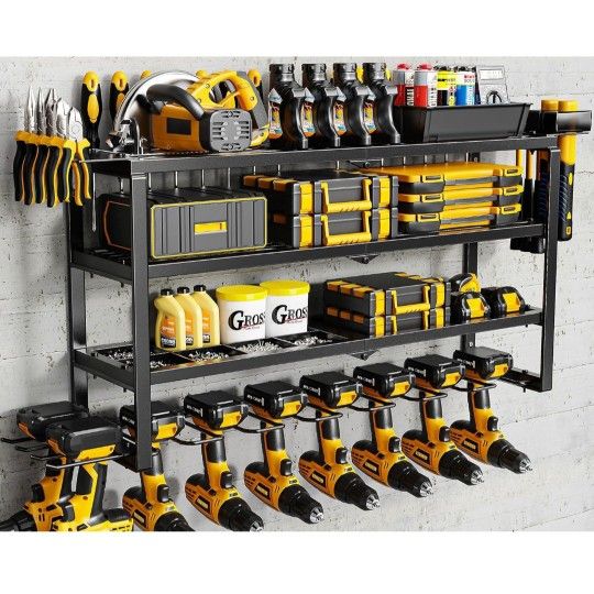 MAXIFFE 4 Layer Power Tool Organizer Wall Mount, 9 Drill Holder Heavy Duty Metal Cordless Tool Organizers and Storage Rack Holder for Garage Workshop