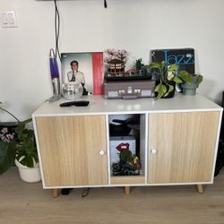 TV Stand with Cat Access & Litter Box Storage 