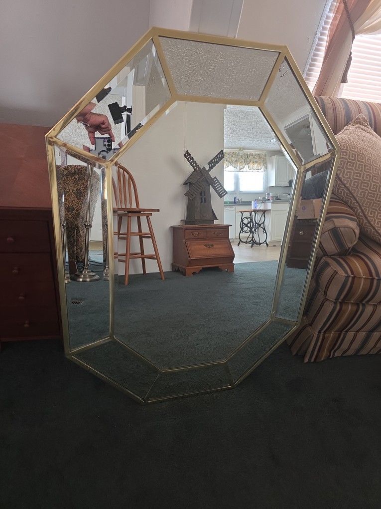 Vintage Wall Mirror - Octagonal - 9 Beveled Mirrors - Brass Setting