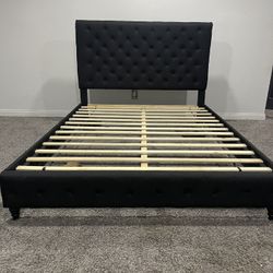 Black Queen Bed - Tufted Headboard, Wooden Feet, Platform Bed