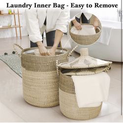 Set of 3 Laundry Baskets Hamper, Seagrass Handwoven Storage Basket with Lid Handles, Natural Vietnamese Woven Decorative Wicker Clothes Hamper, Suitab