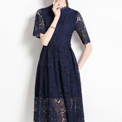 Exquisite Hollow Lace Navy Blue Dress, Crew Neck, Delicate A-line Women Dress