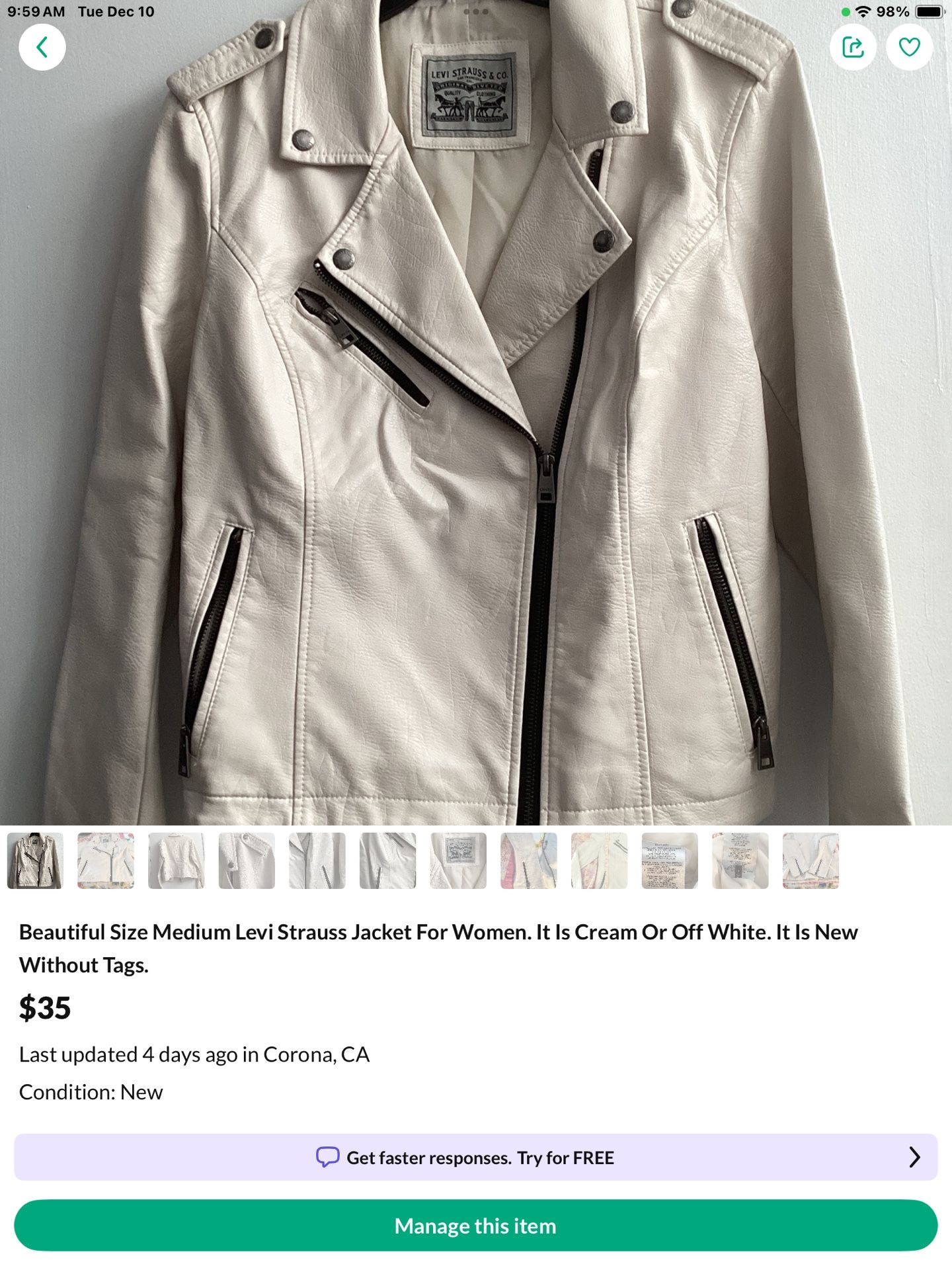 Beautiful size medium Levi Strauss jacket for women it is cream or off-white. It is new without tags.