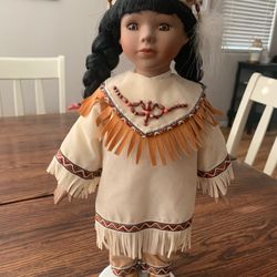 Vintage “Ashley Belle” Native American Porcelain Doll with Baby and Stand