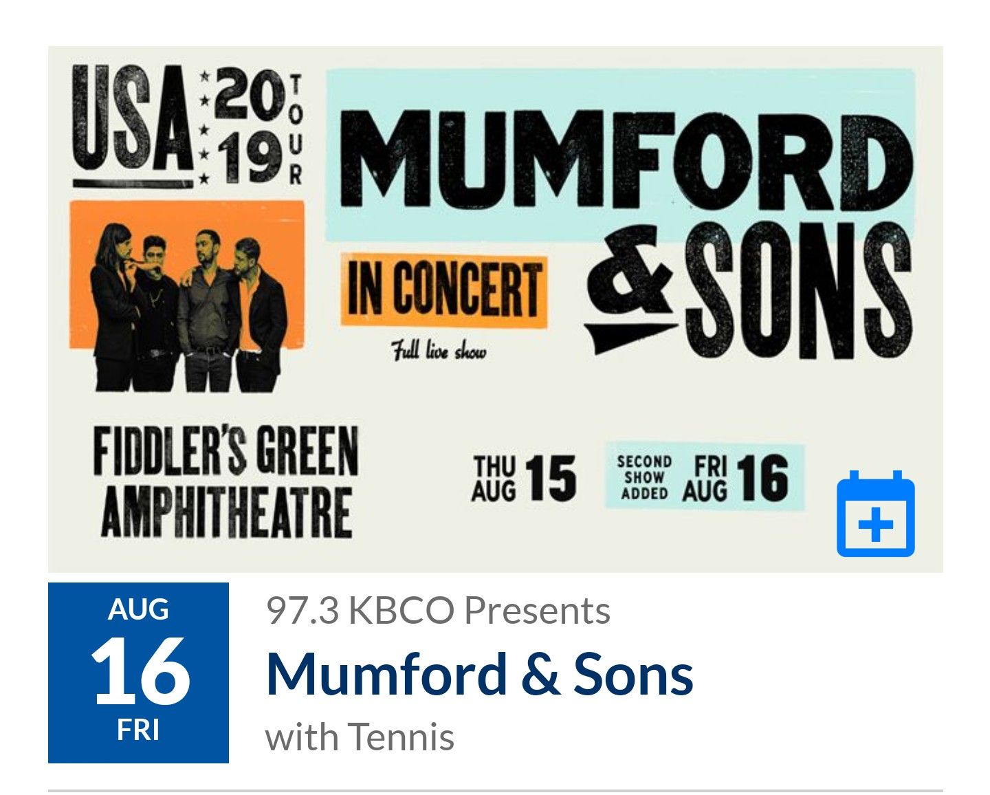 Mumford and sons GA tickets for 8/16