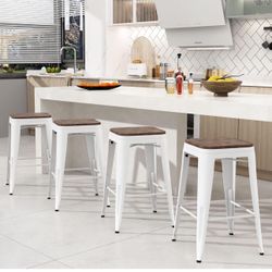 30in” White Metal Stools With Wooden Seat Set Of 4