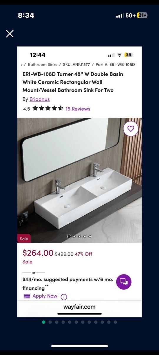 ERI-WB-108D Turner 48" W Double Basin White Ceramic Rectangular Wall Mount/Vessel Bathroom Sink For Two
