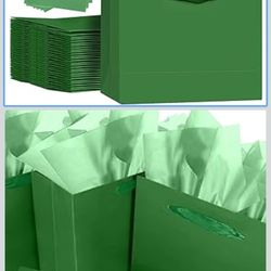 qiqee 5PCS Emerald Green Gift Bags with Ribbon Handles 9.6"x7.9"x4.3" Medium Size Gift Bags (Tissue Paper included, Medium Wide)