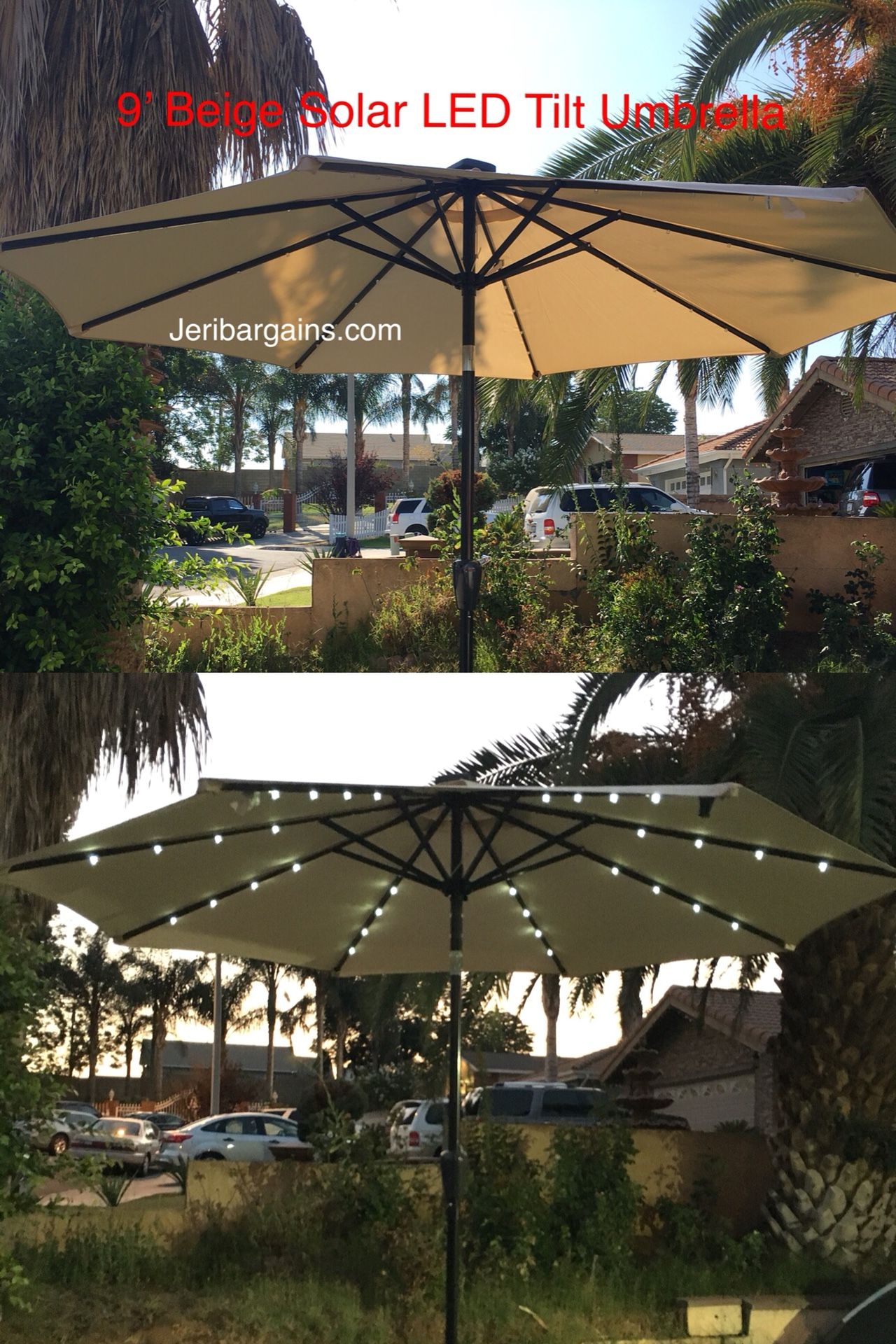 New 9’ Beige Solar Led Tilt Umbrella BASE NOT INCLUDED