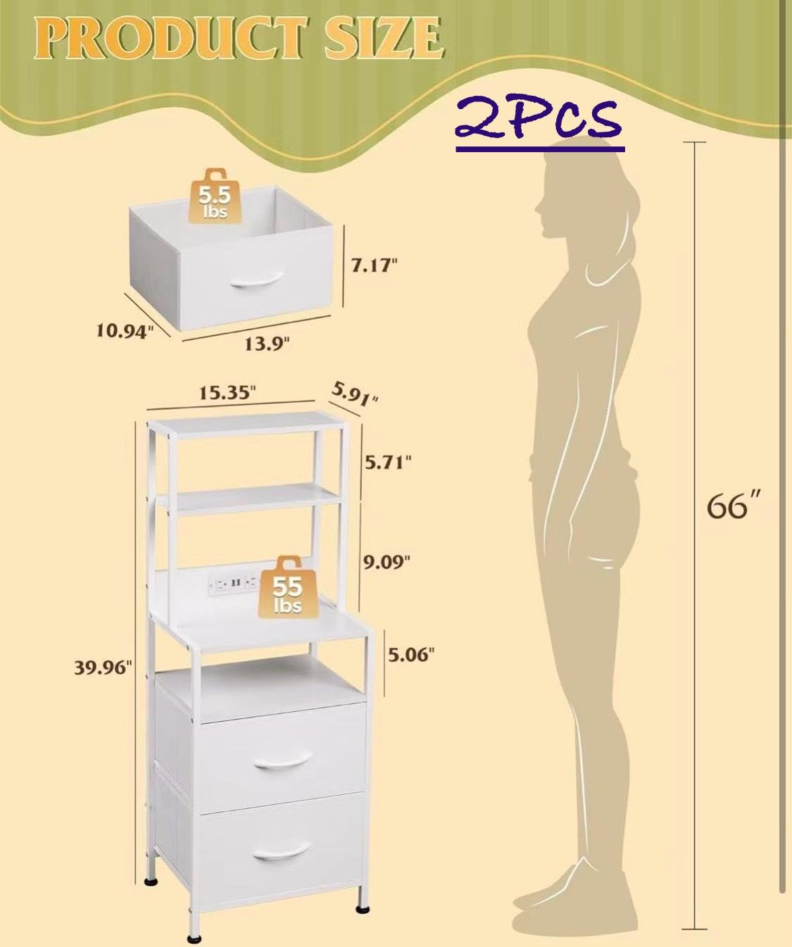 ✌️ 2Pcs Nightstand with Charging Station, LED Night Stands with 2 Fabric Drawers and 4 Storage Open Shelves, Bedside Table Sets for Bedroom, White