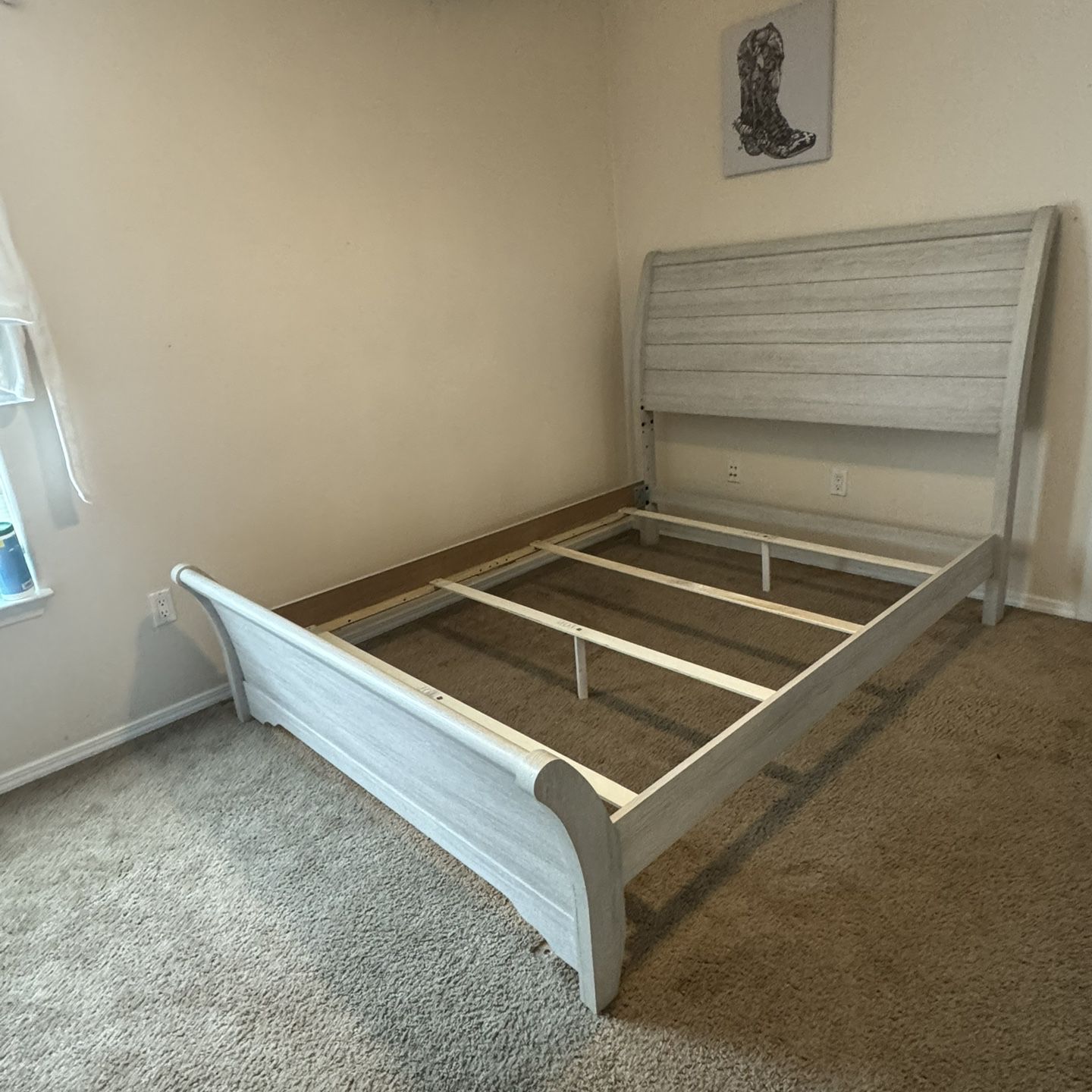 Conn’s Queen bed frame, light grey wood 