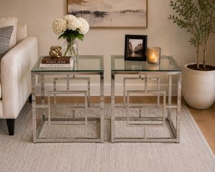Pair of Modern Glass & Chrome End Tables – 23.5” Square