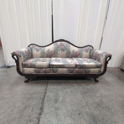 Vintage Floral Carved Wood Camelback Three-Seat Sofa
