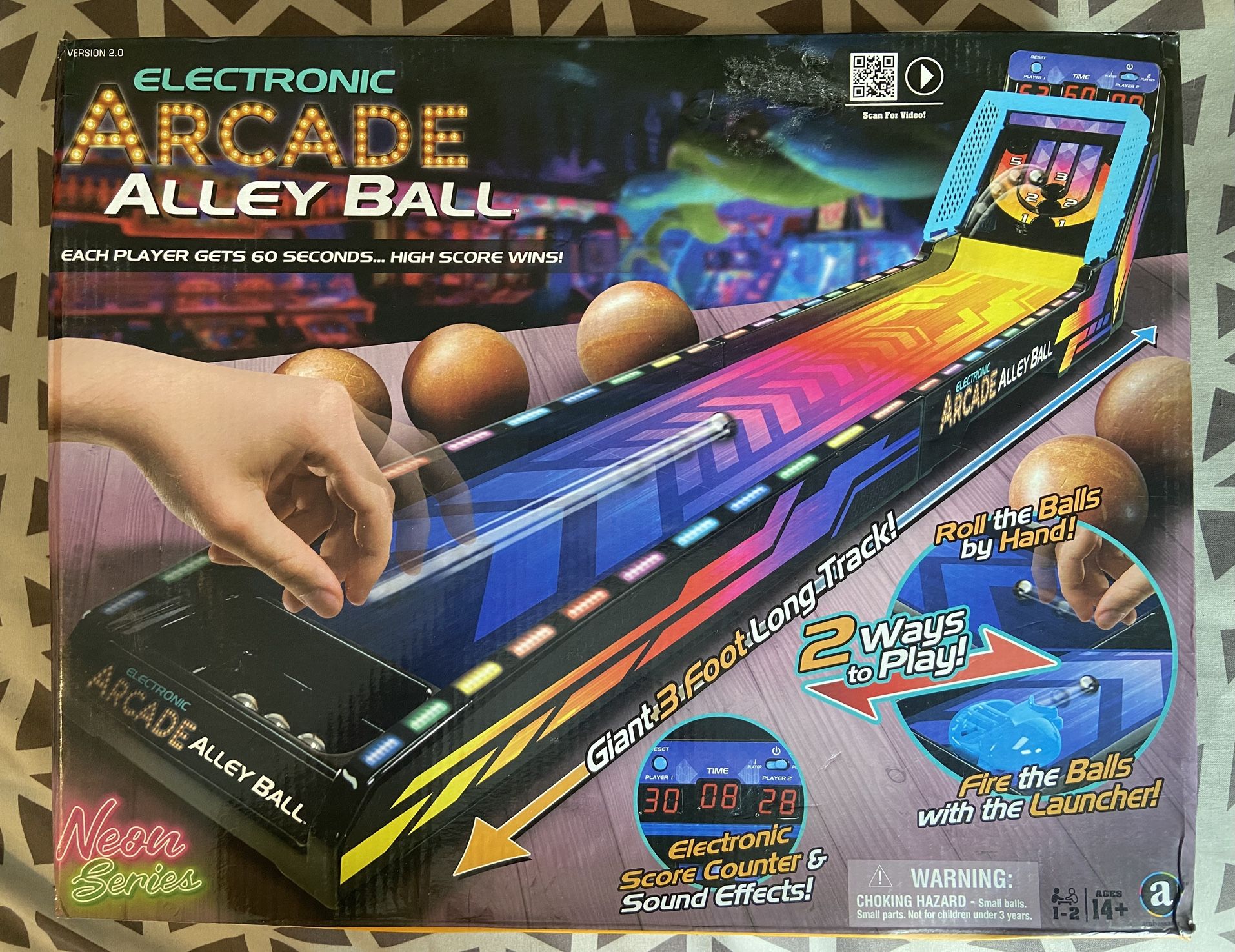 Brand New Ambassador Electronic Neon Series Arcade Alley Skee Ball 3 foot Table Top Skeeball Game with Score Counter and Sound Effects. Batteries Requ
