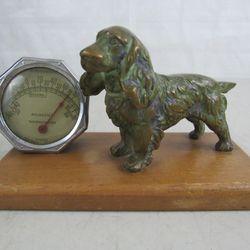 Rochester Desk Top Thermometer With Brass Cocker Spaniel On Wood Base
