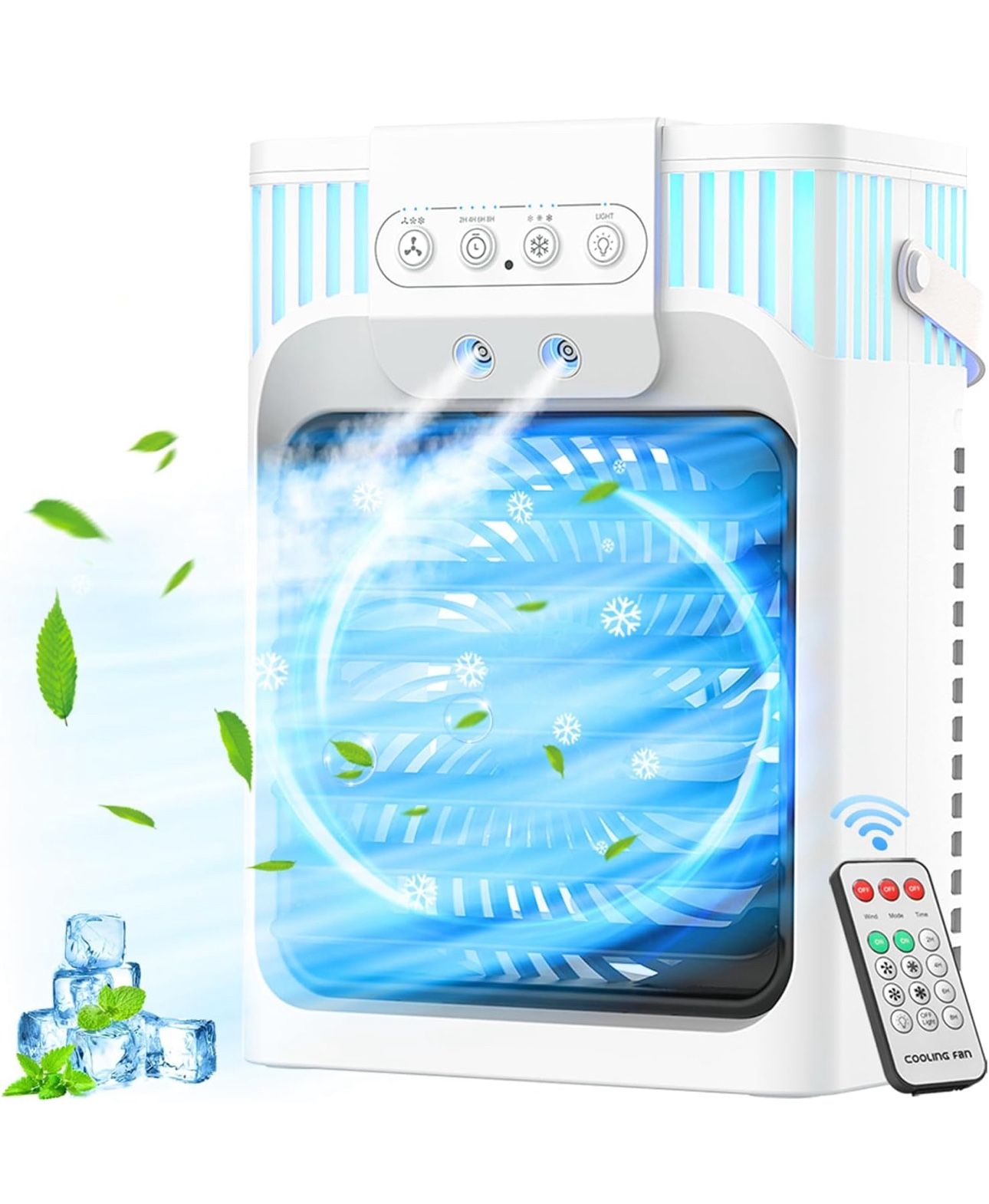 Portable Air Conditioners, 4-IN-1 Evaporative Air Cooler with Remote, 3 Speed Humidify & 3 Modes, 2-8H Timer, 7 LED Light, 1200mL Cooling Fan Mini Air
