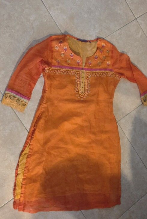 Womens Indian Kurta 36 Small Orange Silk Slit Dress Party RANGRITI