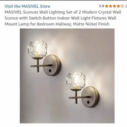 MASIVEL Sconces Wall Lighting Set of 2 Modern Crystal Wall Sconce with Switch Button Indoor Wall Light Fixtures Wall Mount Lamp for Bedroom Hallway, M