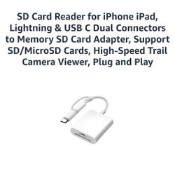 SD Card Reader for iPhone iPad, Lightning & USB C Dual Connectors to Memory SD Card Adapter, Support SD/MicroSD Cards, High-Speed Trail Camera Viewer,