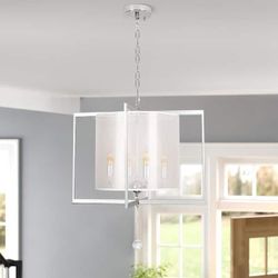 Modern 4-Light Silver Square Frame Pendant Chandelier with Inlaid White Drum Fabric Shade for Kitchen Island