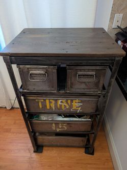 Handmade Industrial Cabinet — Ammo Crate Drawers, Barn Wood Top