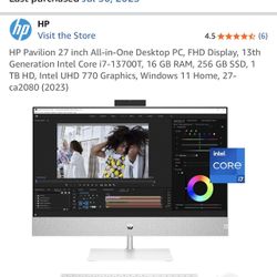 HP Pavilion 27 In All-in-One Desktop, PC, FHD, 13th Generation Intel Core i7-13700T, 16 GB RAM, 256 GB SSD, 1TB HD, Intel UHD 770 Graphics, Windows 11
