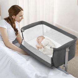 Bed Side Sleeper, Height Adjustable Bassinet Bed Easy Assemble, Breathable Mesh, for Infant/Newborn/Baby Boy/Baby Girl (Gray) 