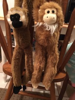 2 medium sized hanging velcro hand stuffed animal monkey