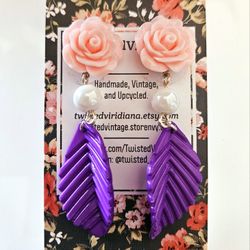 Handmade Pink Rose, Purple Leaf and Pearl Long Earrings