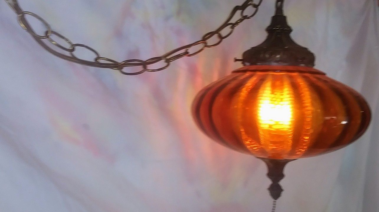 Vintage UFO Amber Glass Swag Lamp / Light