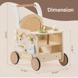  Wooden Baby Walker, Baby Push Walker, Baby Activity Center Toys - Toddler Walking Activity Center Push Toys with Safety Brake, Baby Walker for Motor 
