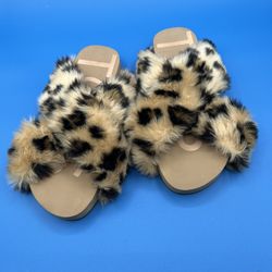 Toms Faux Fur Leopard Animal Print Slide Slippers 