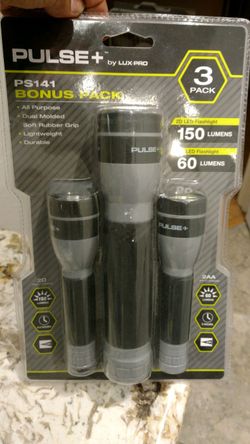 NEW & SEALED LED 3-PACK FLASHLIGHT COMBO w/BATTERIES INCLUDED & IPX-4 WEATHER RATING