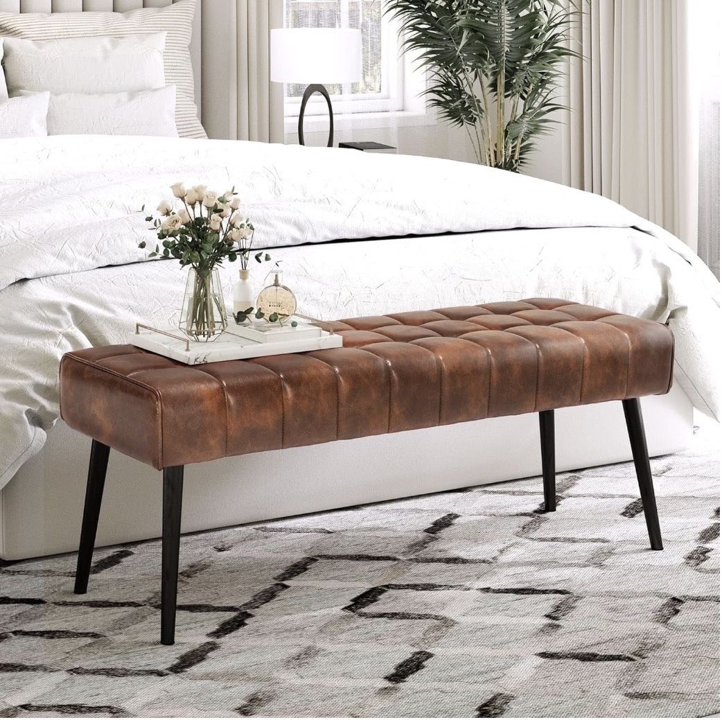 44.5” Brown Faux Leather Bench