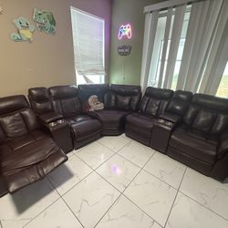 Brown Sectional With 3 Recliners