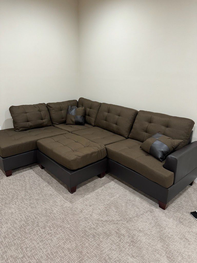 New Brown Linen Sectional Sofa +Ottoman (New In Box) 
