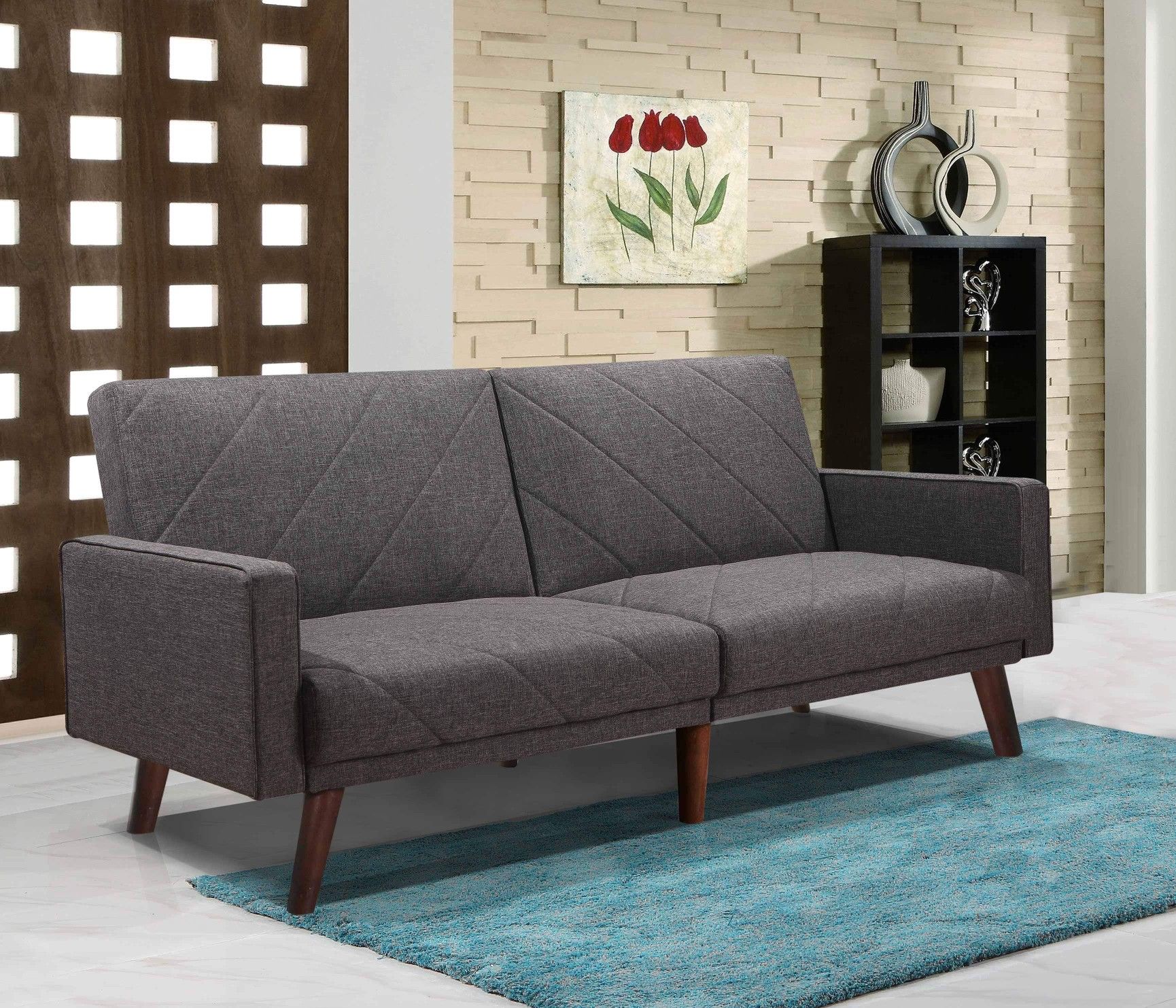 GRAY Split Back Linen Fabric Futon Sofa Bed with Lines