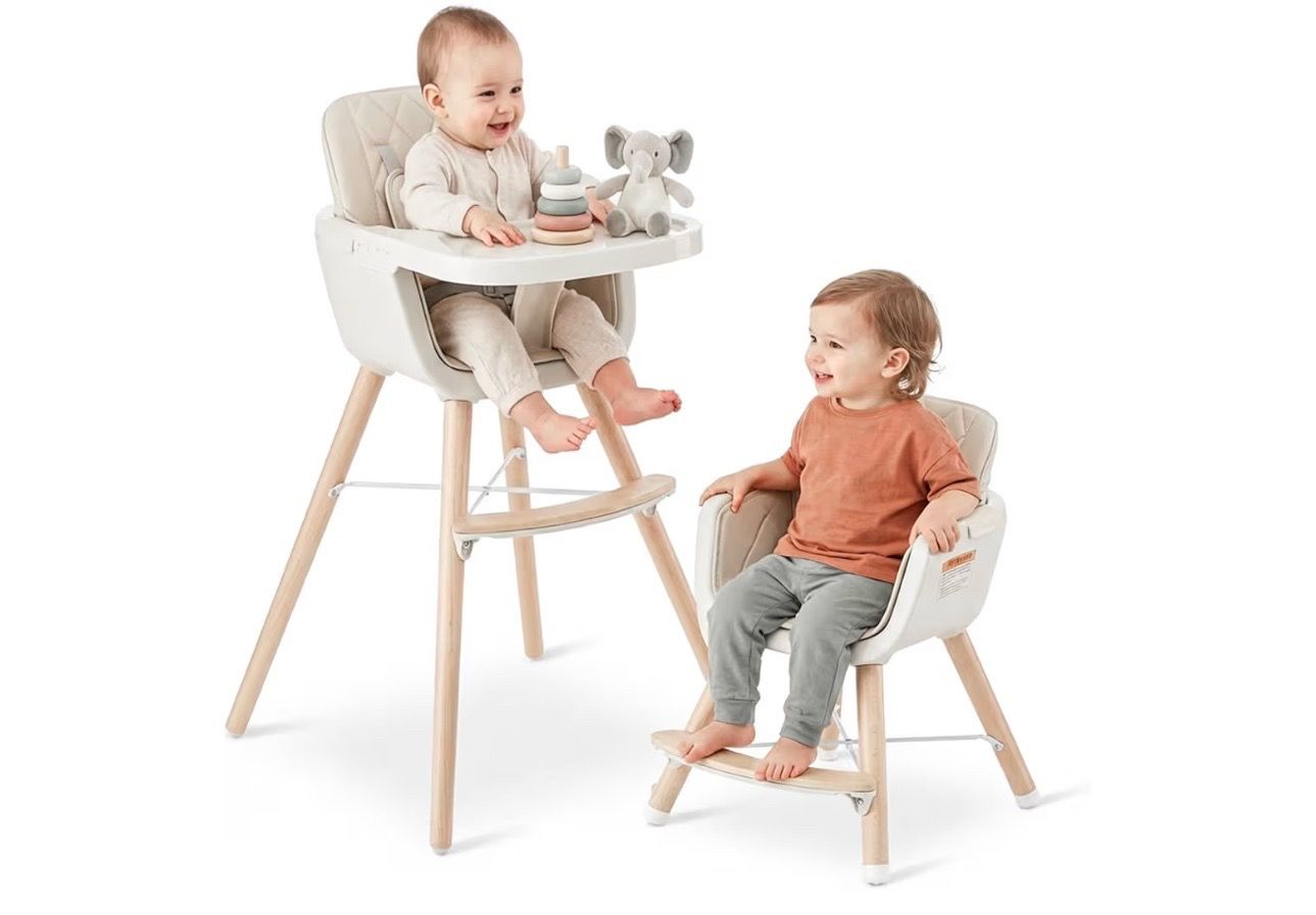 Mallify 3-in-1 Wooden High Chair, Convertible High Chairs for Babies and Toddlers, Baby Highchair with Adjustable Legs & Dishwasher-Safe Tray, Sleek H