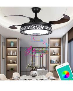 Modern 42'' Ceiling Fan with Light and Bluetooth Music 7 Dimmable Colors Retractable Ceiling Fan Chandelier and Remote 3 Colors 3 Speeds Black Bird's 