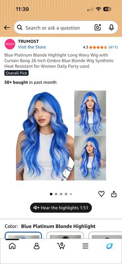 Blue Platinum Blonde Highlight Long Wavy Wig with Curtain Bang 26 Inch #8