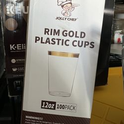 Charlie Chef 12 ounce hundred pack rim gold plastic cups
