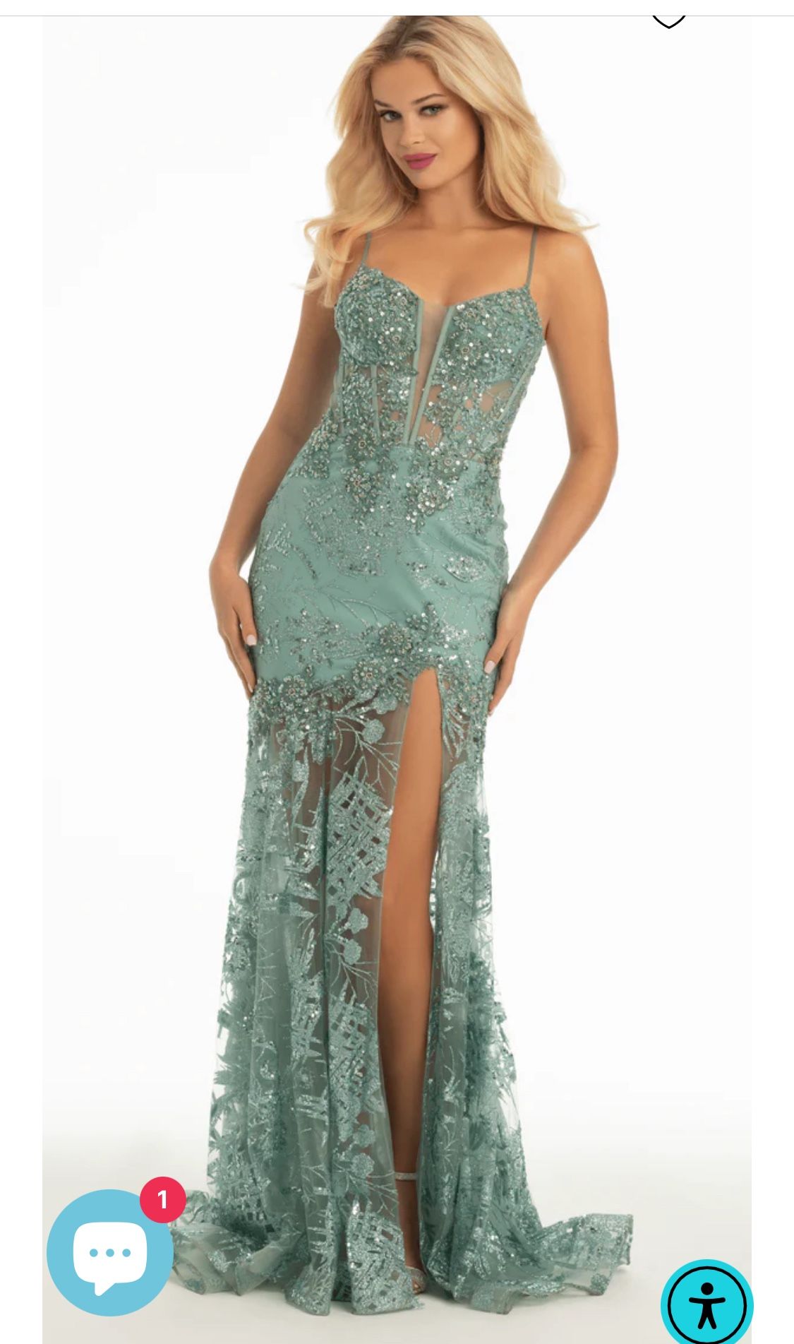 Dress. Prom. Evening. Guest Wedding. Camille La Vie. Illusion Plunge Corset Beaded Trumpet. Sage color. Camille La Vie dress. Size 2.