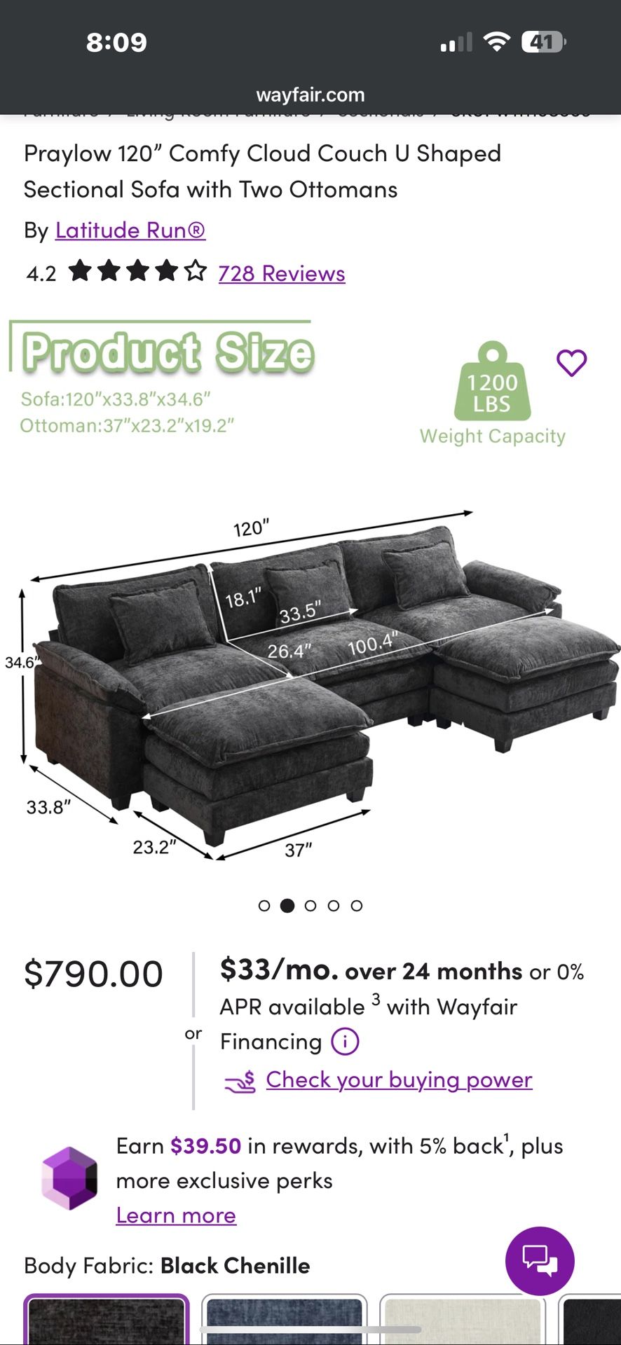 Praylow 120” Comfy Cloud Couch U Shaped Sectional Sofa with Two Ottomans