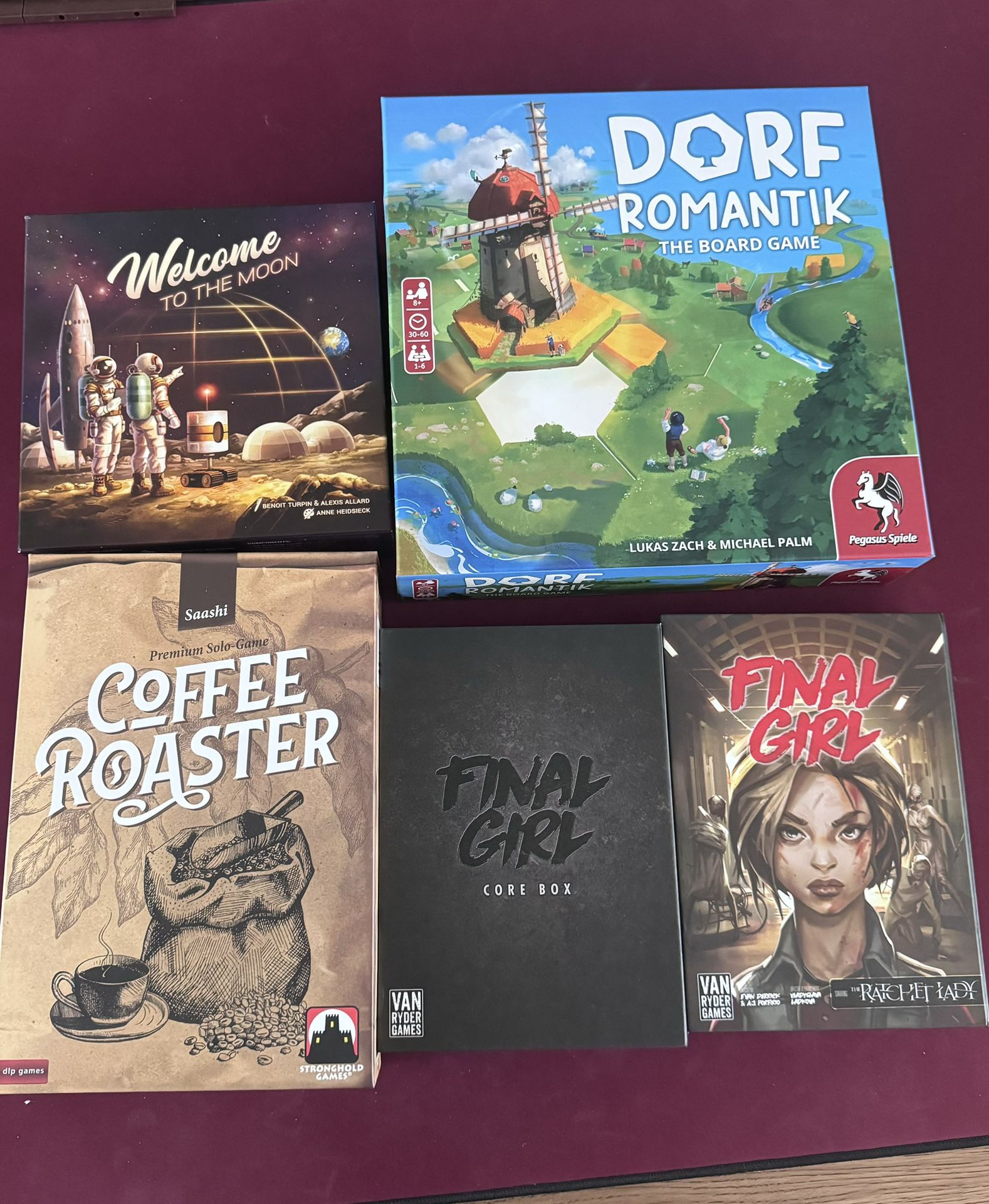 Board Games (Dorfromantik, Final Girl, Welcome to the Moon, Coffee Roaster)