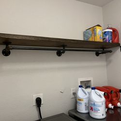 Laundry Room Wood Shelf Industrial Organizer With Iron Rods Rustic Home Decor 