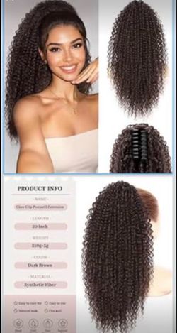 Isaic Ponytail Extension, 20 inch Curly Claw Clip in Ponytail Voluminous Synthetic Hairpiece for Daily Use(Dark Brown)