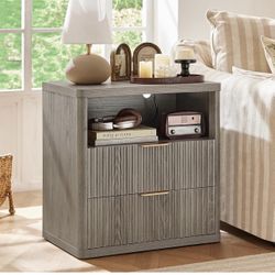 Farmhouse Nightstand with Charging Station, 24" Wide End Table with 2 Drawers,Brown Dresser for Bedroom, Bed Side Table Chest of Drawers Cabinet,Wood 