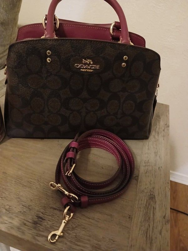 Coach Leather Lillie Carryall In Signature Canvas Brown Dark Magenta